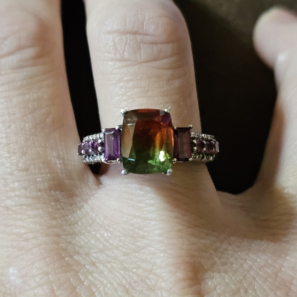 Genuine Watermelon Quartz & Rhodolite Garnet Ring Platinum/925 Sz 8! - Picture 11 of 14